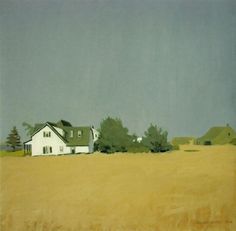 a painting of a white house in a field