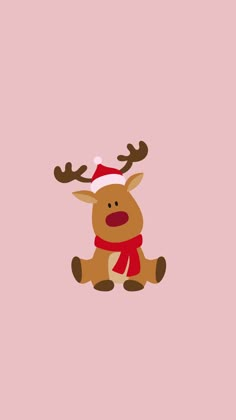 a reindeer with a red hat and scarf on it's head is sitting in front of a pink background