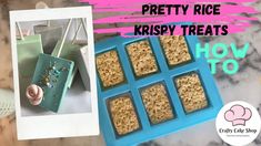 an ice tray with rice krispy treats in it next to a photo and cupcakes