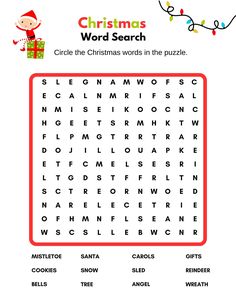 the christmas word search is shown in red and white, with an elf on it