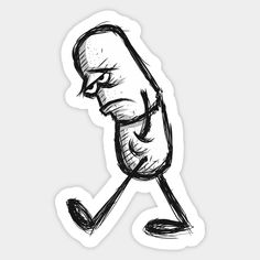 a sticker with a drawing of a man running and holding his head in one hand