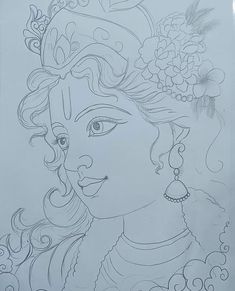 a drawing of a woman's face with flowers in her hair and an elaborate headdress