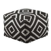 a black and white poufce with geometric design on the front, sitting on a white background