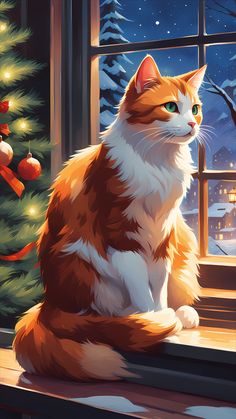 an orange and white cat sitting on a window sill in front of a christmas tree