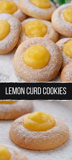 lemon curd cookies with powdered sugar and icing on the top are shown