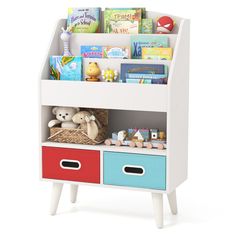 a toy book shelf with two drawers and toys