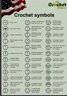 the crochet symbols and their meanings are shown in this poster, which includes an american flag