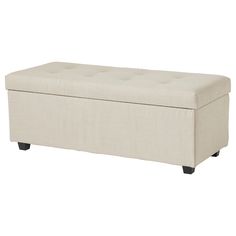 a white storage bench with buttons on the top and bottom section, in front of a white background