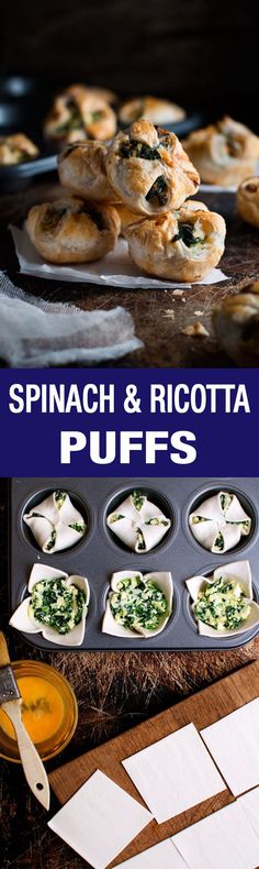 spinach and ricotta puffs on a baking tray with other appetizers