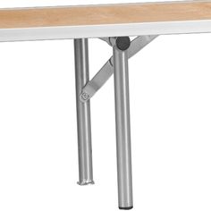 a white table with two metal legs and a wooden top on an isolated white background