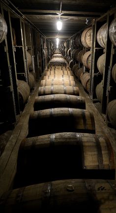 rows of wine barrels lined up in a dark room with light shining on the top