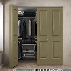 an open door to a closet with clothes on hangers and striped rug in the foreground