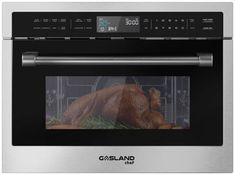 a stainless steel oven with a turkey in the door and an electronic display on the front