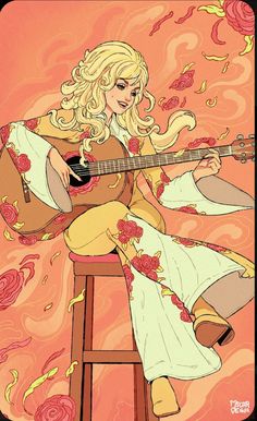 a woman sitting on top of a stool with a guitar in her hand and roses around her neck