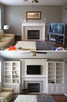 before and after pictures of a living room with built - in bookshelves, couches, fireplace and television