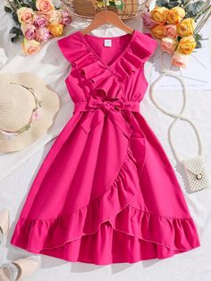 Tween Girl Lace Decorated Belted Dress For Kids Hot Pink Cute  Sleeveless Fabric Plain A Line Non-Stretch  Tween Girls Clothing, size features are:Bust: ,Length: ,Sleeve Length: Pink Dresses For Kids, Simple Frock Design, Teen Girl Dresses, Girls Formal Dresses, Kids Fashion Clothes, Classy Dress Outfits