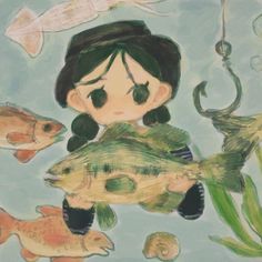 a drawing of a girl holding a fish in front of other fish and seaweed