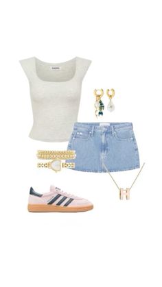 a pair of shorts, top and sneakers with accessories on the bottom are all in one outfit