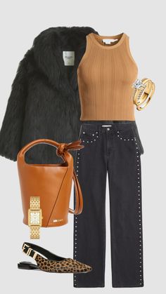 Abercrombie and fitch jeans with faux fur coat, crop top, leopard flats, jacquemus handbag, gold jewelry from Pandora