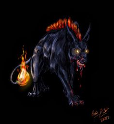 a black cat with red eyes and flames on it's head, standing in the dark