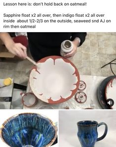 the blue and white pottery is being made by someone who has been using it for years