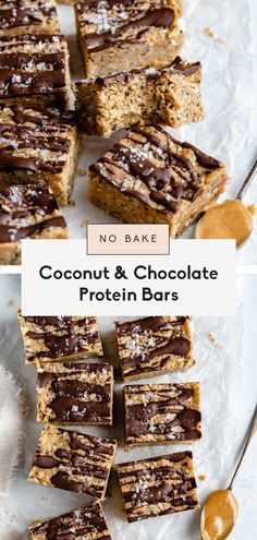 no bake peanut butter and chocolate protein bars are stacked on top of each other