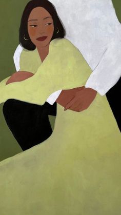 a painting of a man and woman sitting next to each other on a green background