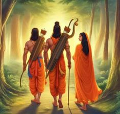 two men in orange robes are walking through the woods with their backs to each other