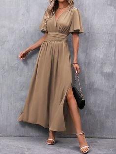 V-Neck Split Hem Short Sleeve Solid Color Summer Dress Maxi Women Outfit Mocha Brown Casual  Short Sleeve Woven Fabric Plain A Line Non-Stretch  Women Clothing, size features are:Bust: ,Length: ,Sleeve Length: Flowy Brown V-neck Midi Dress, Brown V-neck Solid Color Dress, Brown V-neck Midi Dress For Parties, Brown V-neck Solid Dress, Brown V-neck Dress, Elegant Khaki V-neck Dress, Brown Solid Color Maxi Dress, Brown V-neck Solid Color Maxi Dress, Taupe Fitted V-neck Dress