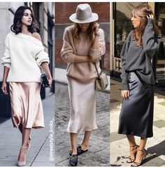 Slip Dress Outfit Winter, Chic Winter Outfit, Satin Slip Skirt, Skirt Knit, Chic Winter Outfits, Office Outfits Women