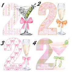 the numbers are decorated with pink and green decorations, including two martinis and one filled with champagne