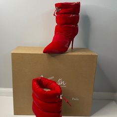 Christian Louboutin Red Padded Nylon Astro Puffer Ankle Boots Beautiful Condition. Made In Italy. Wear On Bottoms And Front Toes Box Used In Photos Is Not Included Size 36.5 ~ 3.25" Heel Height Red Louboutin, Christian Louboutin Shoes, Shoes Women Heels, Christian Louboutin, Heel Height, Puffer, Ankle Boots, Shoes Heels, In Italy