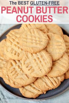 the best gluten - free peanut butter cookies on a plate with text overlay