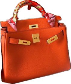 Designer Rectangular Bags With Hasp Closure, Designer Orange Bags With Top Carry Handle, Designer Orange Office Bags, Luxury Orange Square Shoulder Bag, Luxury Orange Bags With Top Carry Handle, Designer Orange Satchel Shoulder Bag, Designer Orange Rectangular Bag, Designer Orange Rectangular Bags, Orange Top Handle Bag With Dust Bag