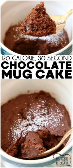 chocolate mug cake in a white bowl with a spoon and text overlay that reads 20 calorie 30 second chocolate mug cake