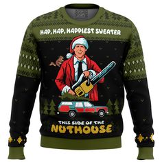 a christmas sweater with an image of a man holding a chainsaw