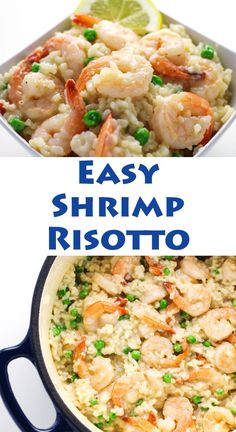 shrimp risotto with peas and rice in a skillet