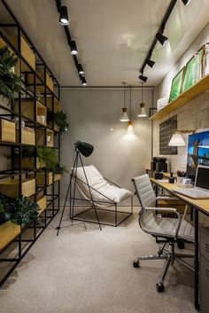 an office with two chairs and a desk in front of a book shelf filled with books