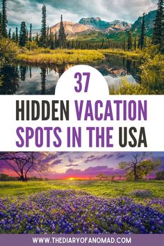 purple flowers and trees with the words 37 hidden vacation spots in the usa