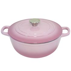 a pink casserole with a metal lid