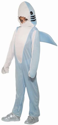 a person in a blue and white shark costume