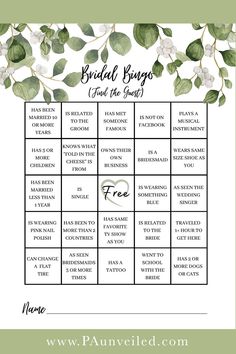 A printable for the bridal shower game bridal bingo find the guest. This printable has greenery along the top. People Bingo, Hen Games, Wedding Bingo, Wedding Post Box, Find The Guest, Bridal Shower Bingo, Wedding Game