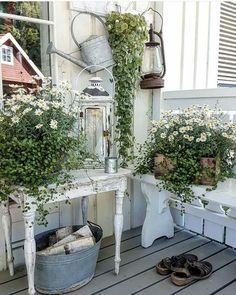 two potted plants sitting on top of a wooden floor next to a white table