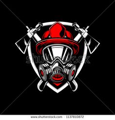 a fireman's helmet and two crossed axes on a black background