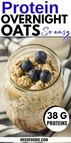 Text reads Protein Overnight Oats - Proats Recipe Overnight Oats Protein Powder, High Protein Overnight Oats, Dairy Free Overnight Oats, Oatmeal In A Jar