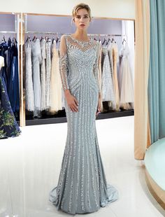 Evening Dresses Long Sleeve Light Grey Mermaid Beading Illusion Luxury Formal Gowns, fast delivery worldwide. Long Sleeve Mermaid Dress For Evening Wedding, Long Sleeve Mermaid Wedding Dress For Evening, Evening Wedding Mermaid Dress With Long Sleeves, Sparkling Mermaid Hem Wedding Dress, Embellished Mermaid Dress For Banquet, Embellished Mermaid Hem Evening Dress For Wedding, Evening Wedding Embellished Mermaid Dress, Silver Mermaid Hem Evening Dress For Wedding, Embellished Mermaid Hem Wedding Dress