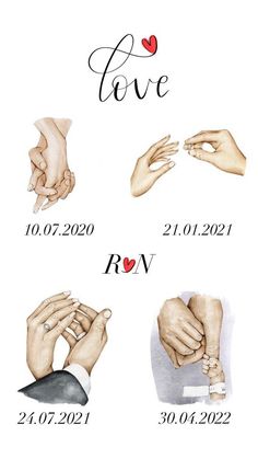 four different hands holding each other with the words love written on them in black and white