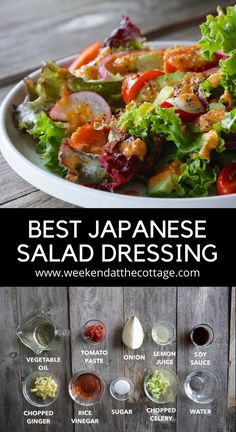 the best japanese salad dressing recipe is shown on a plate with other ingredients in bowls