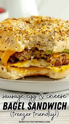 an egg and cheese bagel sandwich on a plate with the words, sausage egg and cheese bagel sandwich free friendly