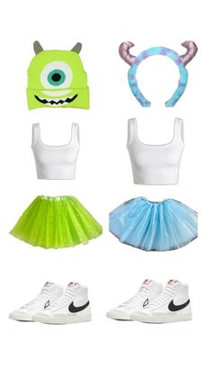 various costumes and accessories are arranged in the shape of an animal head, eyeball, tennis shoe, tutu